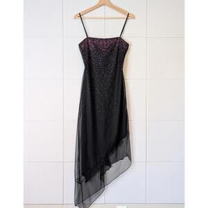 Vintage y2k whimsygoth sparkle asymmetrical mesh overlay slip dress